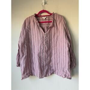 J.Jill Love Linen Tunic Women's Sz Large Pink 1/2 button Blouse Striped Relaxed‌